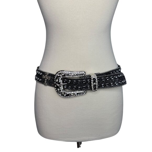 VTG Black Leather Belt Rhinestone Buckle and Crosses Witchy Goth Vampire Diaries - Picture 1 of 11